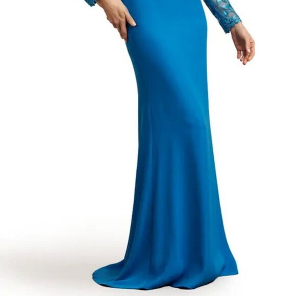 Tadashi Shoji Deep Ocean Blue Sequin Lace Long Sleeve Crepe Gown - Picture 2 of 7